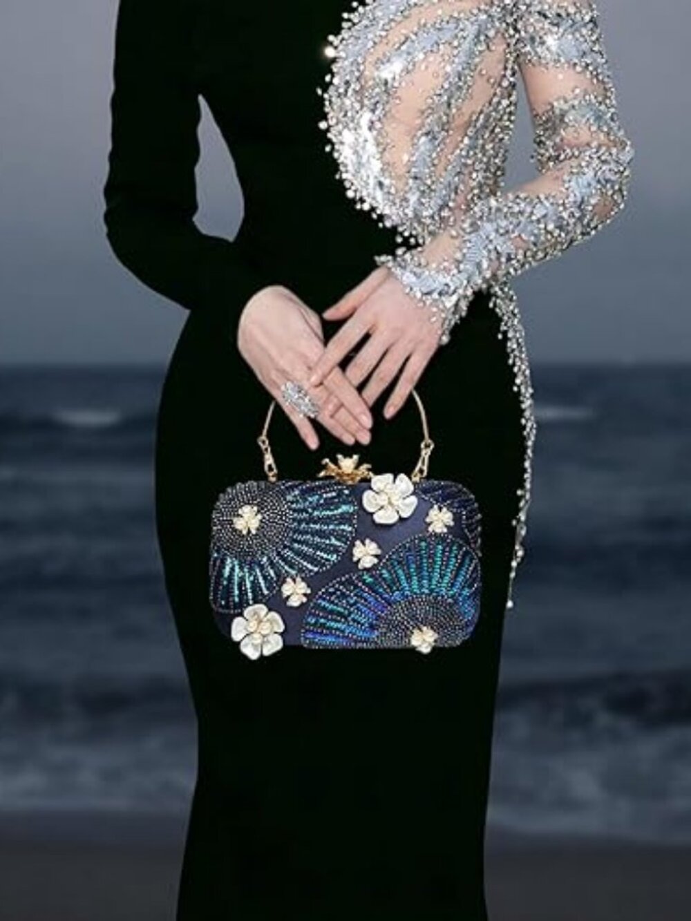 Pearl Beaded Clutch Women Sequin Floral Evening Bag Chain Strap Purse